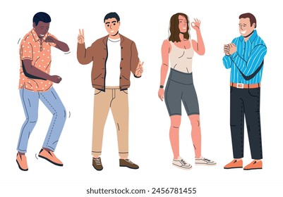 Set of Happiness Emotions Symbols. Various People Showing Positive Body Language Gestures. Woman and Man Show Victory, Laugh, Ok and Dance Symbols. Happy People. Cartoon Flat Vector Illustration