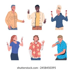 Set of Happiness Emotions Symbols. Various People Showing Positive Body Language Gestures. Woman and Man Show Victory, Heart, Love and Thumb Up Symbols. Happy People. Cartoon Flat Vector Illustration