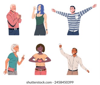 Set of Happiness Emotions Symbols. Various People Showing Positive Body Language Gestures. Woman and Man Show Victory, Laugh, Ok and Yeah Symbols. Happy People. Cartoon Flat Vector Illustration