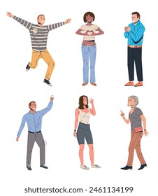 Set of Happiness Emotions Symbols. Various People Showing Positive Body Language Gestures. Woman and Man Show Victory, Laugh, Ok and Yeah Symbols. Happy People. Cartoon Flat Vector Illustration