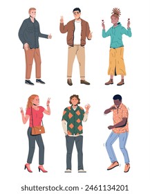 Set of Happiness Emotions Symbols. Various People Showing Positive Body Language Gestures. Woman and Man Show Victory, Heart, Love and Thumb Up Symbols. Happy People. Cartoon Flat Vector Illustration