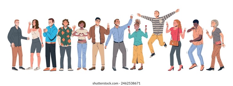 Set of Happiness Emotions Symbols. Various People Showing Positive Body Language Gestures. Woman and Man Show Victory, Heart, Love and Thumb Up Symbols. Happy People. Cartoon Flat Vector Illustration