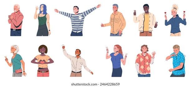 Set of Happiness Emotions Symbols. Various People Showing Positive Body Language Gestures. Woman and Man Show Victory, Heart, Love and Thumb Up Symbols. Happy People. Cartoon Flat Vector Illustration