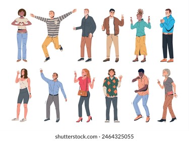 Conjunto de símbolos de emociones de felicidad. Varias Personas Que Muestran Gestos Positivos Del Lenguaje Corporal. Mujer y Hombre Muestran Victoria, Corazón, Amor y Pulgar hacia Arriba Símbolos. Felices Personas. Ilustración vectorial plana de dibujos animados