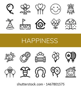 Set of happiness icons such as Balloon, Party hat, Balloons, Birdie, Laugh room, Smile, Sad, Water park, Laughing, Horseshoe, Buffoon, Wedding car , happiness