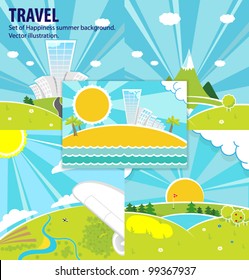 Set of Happiness vector background. Travel: mountain, island, plane, forest and golf.
