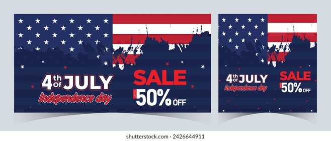Set of Happy 4th of July. Fourth July Independence Day USA. Independence Day sale web banner. Independence Day USA social media promotion template. greeting card, poster with United States flag