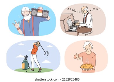 Set of happy active old pensioners people enjoy good maturity. Collection of energetic smiling mature men and women have fun involved in hobby activity. Relaxation on retirement. Vector. 