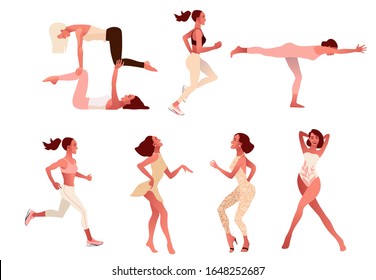 Set of happy active positive women practicing healthy lifestyle, doing yoga exercise, workout, running, jogging, dancing, Isolated on white background. Vector illustration