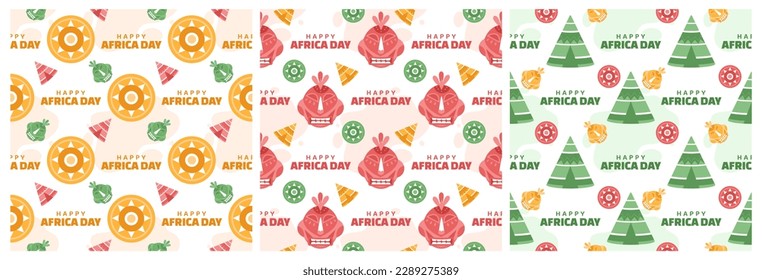 Set of Happy Africa Day Seamless Pattern Design with Culture African Tribal Figures Decoration in Template Hand Drawn Cartoon Flat Illustration
