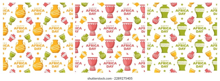 Set of Happy Africa Day Seamless Pattern Design with Culture African Tribal Figures Decoration in Template Hand Drawn Cartoon Flat Illustration