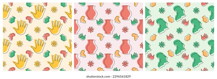 Set of Happy Africa Day Seamless Pattern Design with Culture African Tribal Figures Decoration in Template Hand Drawn Cartoon Flat Landing Page Illustration