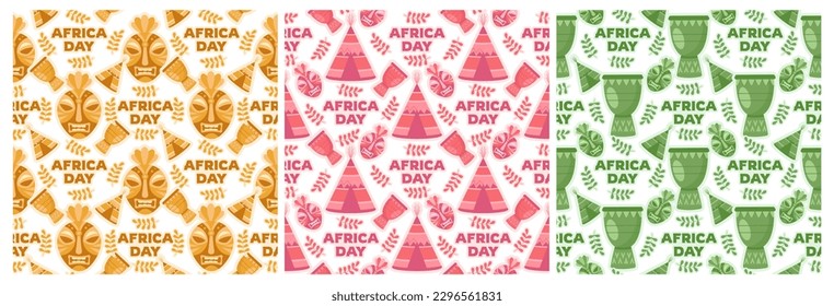Set of Happy Africa Day Seamless Pattern Design with Culture African Tribal Figures Decoration in Template Hand Drawn Cartoon Flat Landing Page Illustration