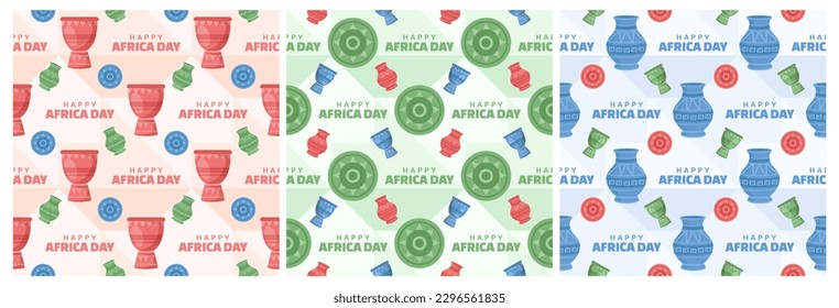 Set of Happy Africa Day Seamless Pattern Design with Culture African Tribal Figures Decoration in Template Hand Drawn Cartoon Flat Landing Page Illustration