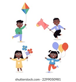 Set of happy African American children girls and boys with balloons, horse, flowers and kite in flat style