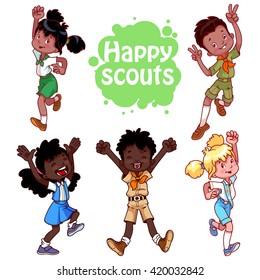 Set Of Happy African American Kids. Boys And Girls Scouts. Vector Cartoon Characters Isolated On A White Background.