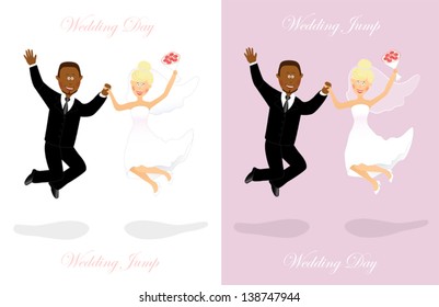 Set of happy african and caucasian bride and groom jumping