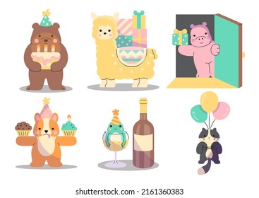 Set of Happy animal with Bear, Alpaca, hippo, dog, frog, and cat in party concept, drawing animal in cartoon style, vector