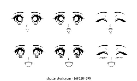 Set of happy anime faces. Hand drawn vector cartoon illustration. Isolated on white background.