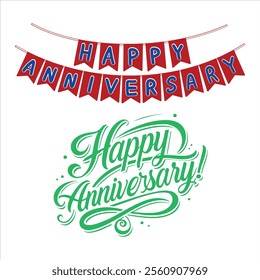 Set of happy anniversary lettering calligraphy and banner style illustration vector