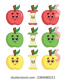 Set of happy apples in different colors. Whole, bitten, and with a worm.