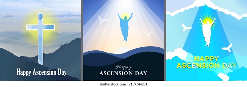 Set of Happy Ascension Day Vector Illustrations. Jesus ascending to heaven. Jesus rising to sky with doves. Watercolor cross in blue mountains with yellow halo. Christian Easter. 40th day of Easter.