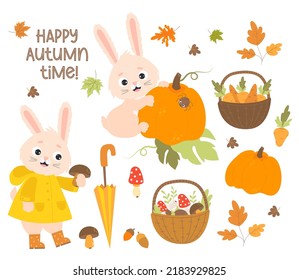 Set Happy autumn time. Cute rabbit in raincoat and rubber boots collects mushrooms and bunny with big pumpkin. Basket with mushrooms, carrots and falling autumn leaves. Vector illustration. Isolated