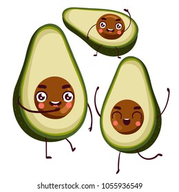 Set Happy Avocado cartoon character personage. Vector children illustration EPS 10.