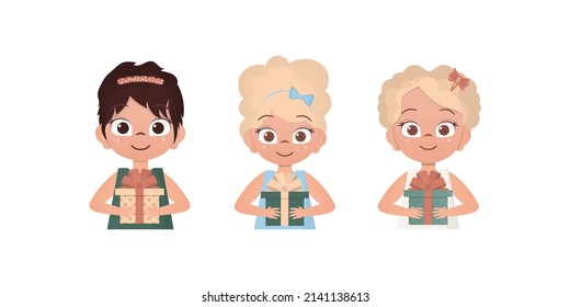 Set of happy baby girls who are holding a gift. Drawing in cartoon style. Vector.