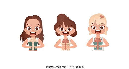 Set of happy baby girls who are holding a gift in their hands. Drawing in cartoon style. Vector illustration.