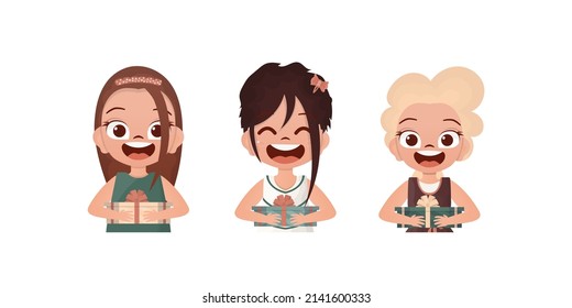 Set of happy baby girls who are holding a gift. Drawing in cartoon style. Vector illustration.