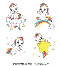 Set happy baby unicorn. Cartoon vector illustration