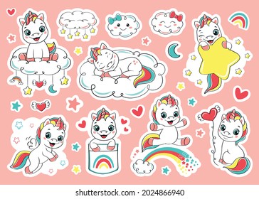 Set happy baby unicorn, Stickers pack, cartoon vector illustration