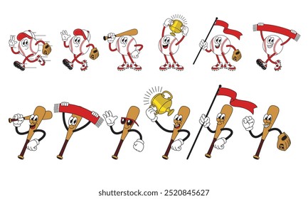 Set of Happy Baseball Ball and Bat Mascot Cartoon Character