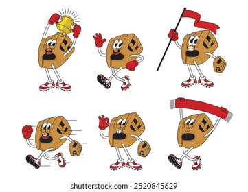 Set of Happy Baseball Gloves Mascot Cartoon Character