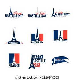 Set of Happy Bastille Day emblems or logos. 14th of July. France. Vector Illustration