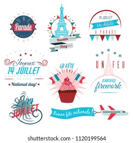 Set of Happy Bastille Day greetings card design. 14th july independence day vive la france Creative Vector illustration, card, banner or poster for French National holiday.