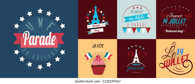 Set of Happy Bastille Day greetings card design. 14th july independence day vive la france Creative Vector illustration, card, banner or poster for French National holiday.