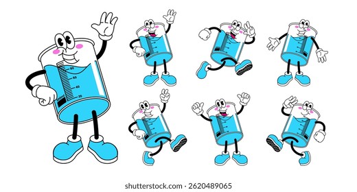 Set of Happy Beaker Cartoon Character in Retro Style