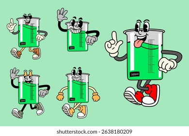 Set of Happy Beaker Glass Science in Various Poses Character Cartoon Illustration Retro style