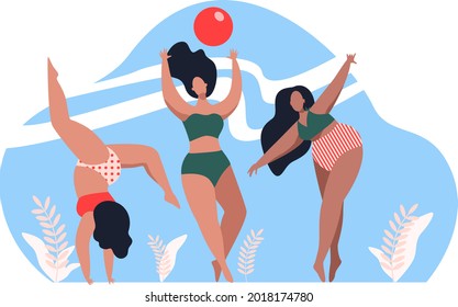 Set of happy beatiful women. Young women on the beach. Go in for sports. Vector illustration in flat cartoon style.