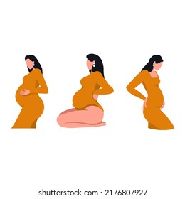 set of Happy beautiful pregnant women holds their belly. Motherhood concept. Vector flat illustration isolated on background.