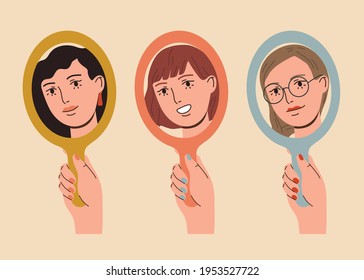 Set happy beautiful women looking in the mirror   smiling  Love yourself  self acceptance concept   Hand drawn vector colorful funny cartoon style illustration