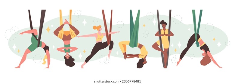 Set of happy beautiful women practicing aerial yoga flat style, vector illustration isolated on white background. Different poses, stretching and relaxing, health and sport