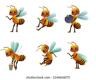 Set of Happy bee. Wildlife object. Little funny insect. Cute cartoon style. Isolated on white background. Vector.