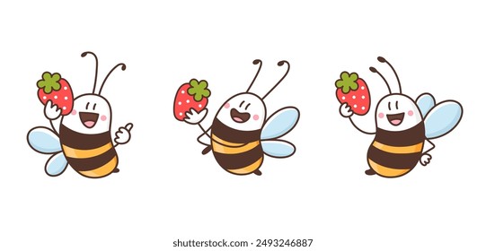 Conjunto de abejas felices con fresa de fruta madura. Personajes de dibujos animados de abejas sonrientes divertidas. Abejorro o avispa. Ilustración vectorial coloreada. Diseño para logotipo o volantes promocionales de la granja de fresas