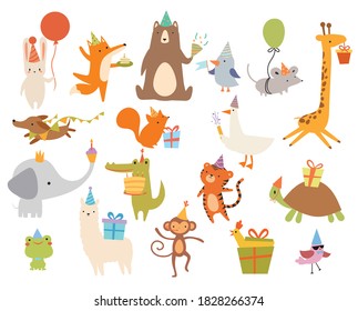 Set of happy birthday animals. Collection of cute cartoon animals with gifts celebrating the holiday. Birthday invitation card. Colorful illustration for children.