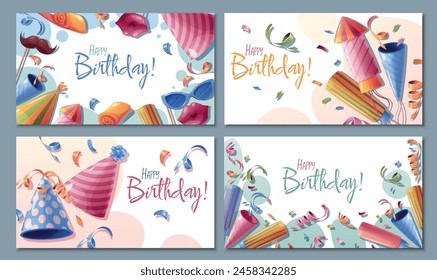 Set of Happy Birthday banners and posters with party cap, photo booth accessories and confetti. Background, banner template for birthday celebration