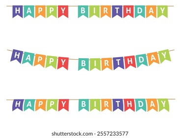 Set of Happy Birthday Buntings. Colorful Garland Vector. Pennants Party With White Letters. Birthday Celebration Card.