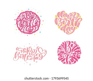 Set of Happy Birthday calligraphy vector red text. Hand drawn invitation T-shirt print design. Handwritten modern brush lettering white background isolated.